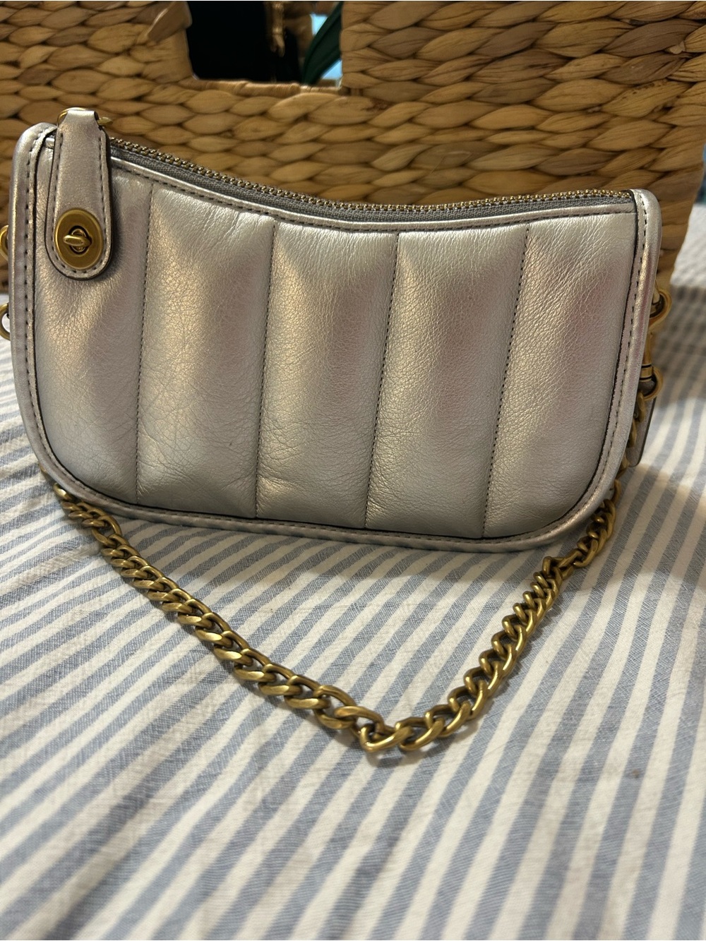 Metallic Silver Coach Quilted Strap Bag with Gold Chain